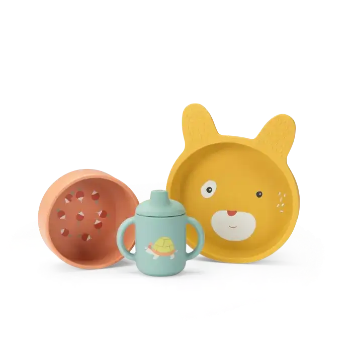 Moulin Roty - Set de vaisselle silicone - Trois petits lapins