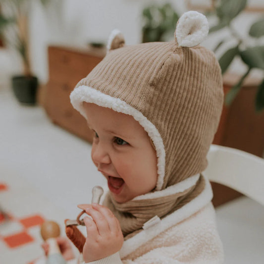Bonnet Bébé Réversible – Velours Taupe -24/36 mois