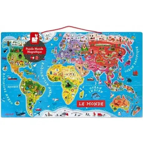 Janod - Carte du Monde Magnétique en bois, 92 magnets - Puzzle
