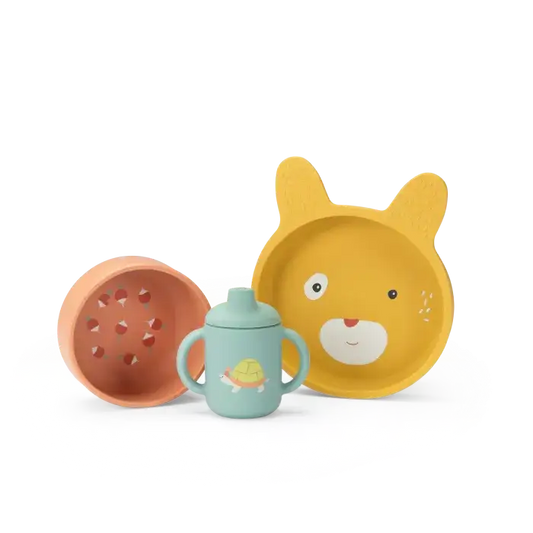 Moulin Roty - Set de vaisselle silicone - Trois petits lapins