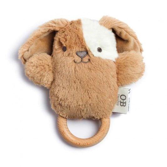 Hochet peluche chien avec anneau dentition bois