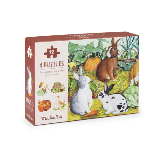 Moulin Roty - LE JARDIN DU MOULIN - 
4 mini puzzles des animaux (4x12 pièces) - 2 ans+