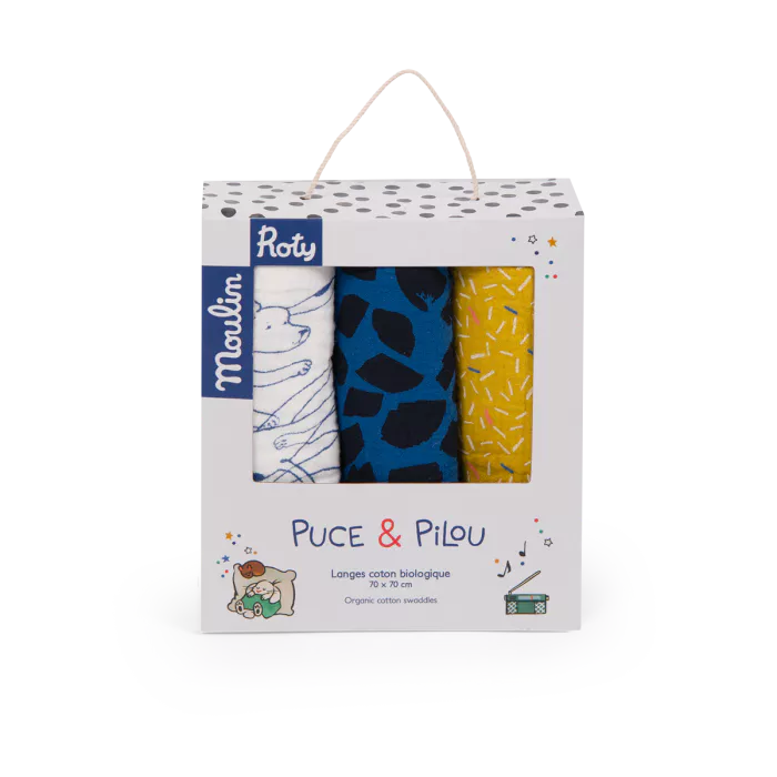 Moulin roty - set de 3 langes imprimés - puce et pilou
