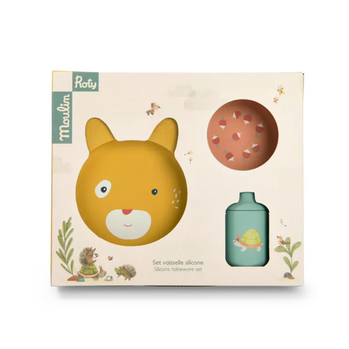 Moulin Roty - Set de vaisselle silicone - Trois petits lapins - 3 mois+
