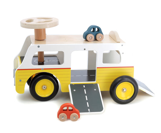 Vilac - Porteur Van-garage en bois – avec rampes et voitures - 1 an+