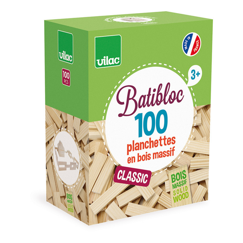 Vilac - Jeu de construction en bois, Batibloc Classic 100 planchettes - 3 ans+
